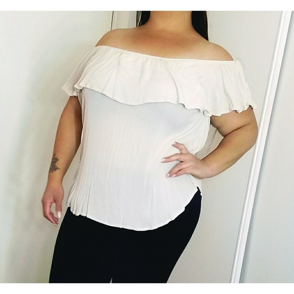 Tops - beige off the shoulder ruffle top